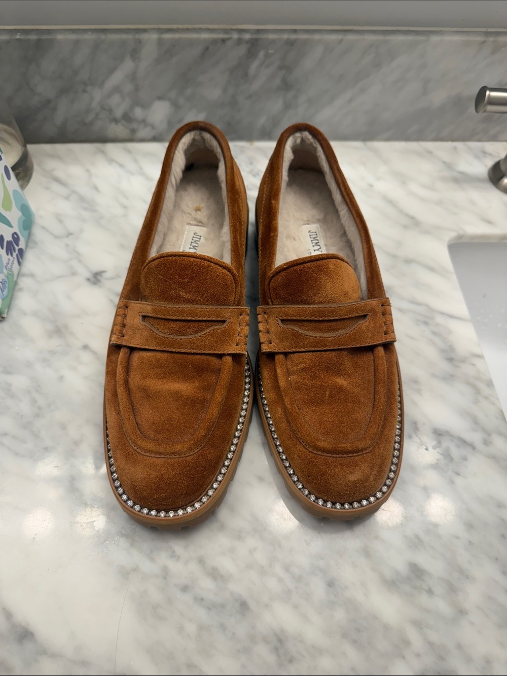 Jimmy Choo Deanna Brown Suede Loafers with Crystal Trim